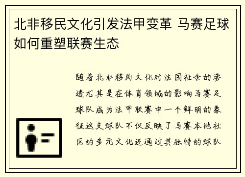 北非移民文化引发法甲变革 马赛足球如何重塑联赛生态
