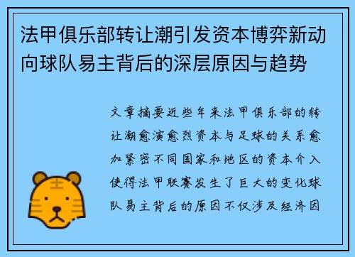 法甲俱乐部转让潮引发资本博弈新动向球队易主背后的深层原因与趋势