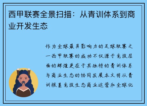 西甲联赛全景扫描：从青训体系到商业开发生态