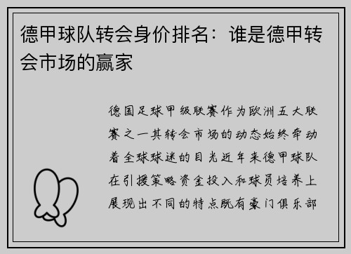 德甲球队转会身价排名：谁是德甲转会市场的赢家