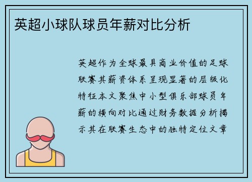 英超小球队球员年薪对比分析