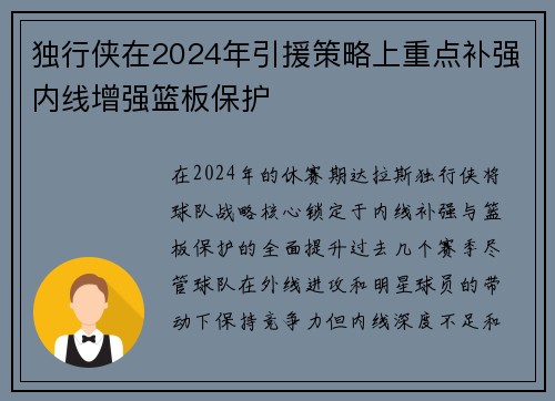 独行侠在2024年引援策略上重点补强内线增强篮板保护